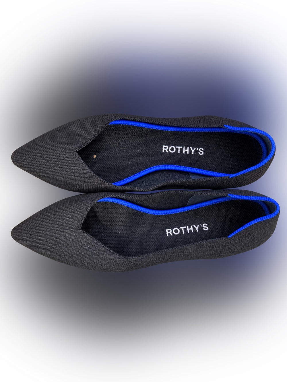 Rothy's Black Knit Flats with Bright Blue Trim